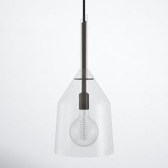 a clear glass light hanging from a ceiling fixture with a black cord and an empty bulb