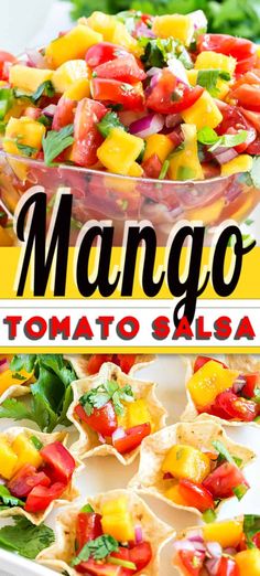 mango tomato salsa in tortilla shells with cilantro