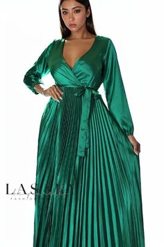 Lasaky - Elegant Long Sleeve Maxi Dress with Lantern Sleeves and Ruffled Design Green Pleated Party Dress, Fall Party Pleated Midi Dress, Fall Pleated Maxi Dress For Night Out, Green Maxi Dress For Fall Night Out, Green Maxi Dress For Night Out In Fall, Pleated Maxi Dress For Night Out In Fall, Pleated Maxi Dress For Fall Night Out, Green Pleated Maxi Dress For Party, Green Pleated Midi Dress For Party