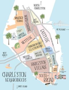 a map of charleston, south carolina with the names and locations in pink on it