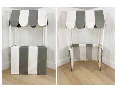 two pictures of a gray and white striped canopy bed with curtains on the top, and bottom