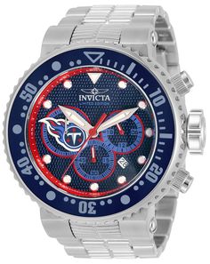 This beautiful Invicta NFL watch contains a Quartz movement, held by a stunning steel, dark blue, light blue case. Its face displays a navy blue, red, white, light blue metal dial protected by a highly resistant Mineral Crystal. This timepiece is completed by a silver stainless steel band and it offers water resistance of up to 200m.Since its inception in La Chaux-de-Fonds, Switzerland in 1837, a commitment to excellence and innovation has been at the heart of every collection created by Invicta Blue Stainless Steel Watch Accessory With Metal Dial, Blue Analog Stainless Steel Watch Accessories, Blue Stainless Steel Chronograph Watch, Nfl Titans, Mens Invicta Watches, Red Watch, Gold Plated Watch, Victorinox Swiss Army, 5 O Clock