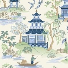 Chinoiserie Fabric | Spoonflower Chinoiserie Fabric, Chinoiserie Pattern, Chinoiserie Design, Chinoiserie Blue, Blue And White Fabric, Chinoiserie Wallpaper, Blue Willow, Willow Tree, Tea House