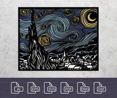 the starry night with trees and buildings is shown in this paper cutout pattern