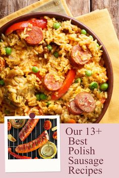 a dish with sausages and rice in it