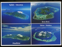 four different pictures of an island in the middle of the ocean with names on it