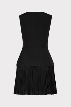 Minimal and versatile, the Haddy dress is just as suited for work as it is for cocktails. It has an extended bodice that hits the waistline in a flattering v-shape, giving way to a signature pleated chiffon mini skirt. Tailored Black V-neck Dress, Chic A-line Pleated Mini Dress, Formal A-line Mini Dress With Pleated Back, Classic Pleated Knee-length Mini Dress, Classic Mini Dress For Semi-formal Occasions, Classic Knee-length Pleated Mini Dress, Tailored V-neck Dress For Night Out, Accordion Pleated A-line Formal Dress, Classic Semi-formal Mini Dress