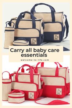 several bags and purses are shown with the words carry all baby care essentials