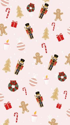 a pink background with gingerbreads and nutcrackers