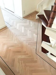 an overhead view of a wooden floor and staircase