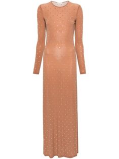 caramel brown stretch-design crystal embellishment round neck long sleeves column silhouette straight hem unlined Embellished Maxi Dress, Caramel Brown, Design Fabric, Paco Rabanne, Crystal Embellishment, Cocktail Dress Party, Fabric Design, Evening Dresses, The Dress