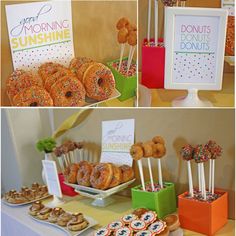 there are many different types of donuts on display at this party, including doughnuts and sprinkles