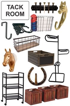 there are many items that can be found in the room, including horse head hooks and baskets