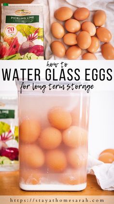 there are eggs in a plastic container and on the table next to it is a bag of water glass eggs