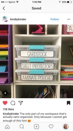 several plastic bins with labels on them in a room filled with books and craft supplies