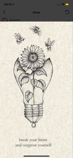 a drawing of a light bulb with a sunflower in it and bees flying around