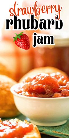 strawberry rhubarb jam in a white bowl