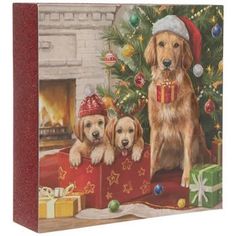 two dogs are sitting in front of a christmas tree