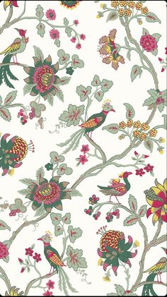 a floral wallpaper with birds and flowers on it