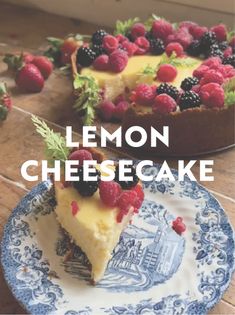 lemon cheesecake with raspberries on a blue and white plate next to it