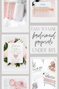 pink and white wedding stationery with the words easy to mail bridesmaid propes under $ 15