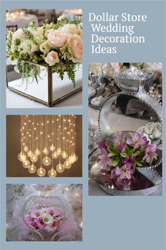 a collage of photos with flowers and lights in them, including vases filled with flowers