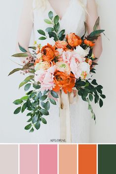 a bride holding a bouquet of flowers and greenery with color swatches in the background