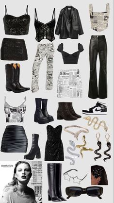 a collage of black and white photos with clothes, shoes and accessories on them