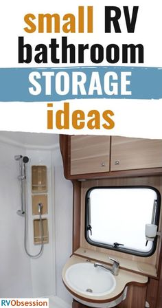 small rv bathroom storage ideas with text overlay