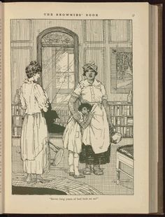 an old book with two women standing in front of a window and another woman holding a child