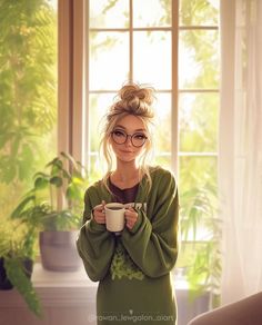 a woman holding a coffee cup in front of a window