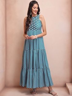 Blue ethnic DressGeometric PrintedFit and Flared ShapedV- necksleevelessFlared hemHook and Eye closure Western Kurtis, Ethnic Dresses, Ethnic Dress, New Launch, Banarasi Sarees, Blouse Piece, Saree Blouse, Salwar Kameez, Xl Dress