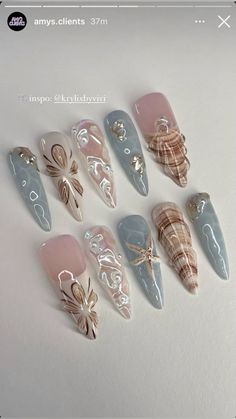 Mermaid Nails Aesthetic, Sea Nails Designs, Cosmo Nails, Fingernail Ideas, Sea Nails, Nail Goals, Fantasy Nails, Diy Acrylic Nails