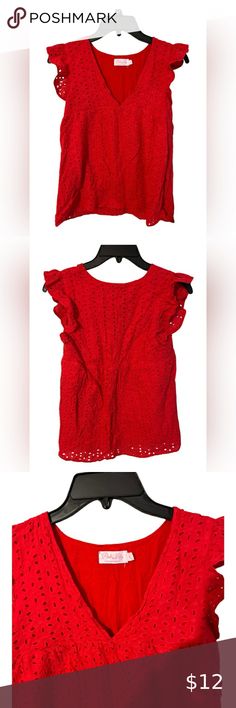 Pink Lily Women’s Red Eyelet Lace Scallop Sleeve V-Neck Blouse