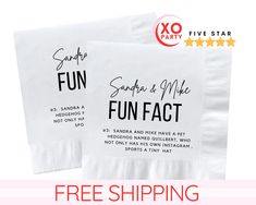 two white napkins with black writing on them and the words fun fact printed on them