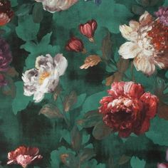 a green background with flowers and leaves on the bottom right corner is an image of red, white, and pink peonies