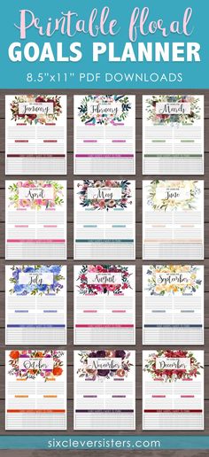 the printable floral goal planner is shown in multiple colors and sizes, with text overlay