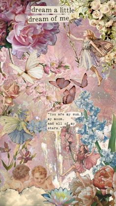 an artistic painting with flowers and butterflies on it's side, the words dream written in