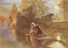 a painting of a woman sitting on the edge of a body of water