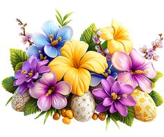 a bouquet of flowers with eggs and leaves on a white background is featured in this image