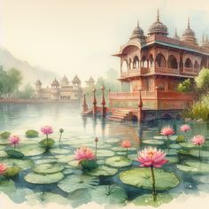 water lilies are blooming in front of an ornate building on the edge of a lake