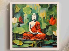 a painting of a buddha sitting in front of water lillies