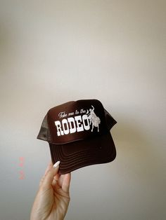 Customizable high crown, foam, mesh/adjustable snap back trucker hat detailed "take me to the rodeo" design Vinyl Trucker Hats, Western Trucker Hats, Rodeo Design, Snap Back, Snap Backs, Trucker Hats, Trucker Cap, Rodeo, Caps Hats