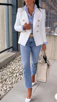 Costume Jeans, White Blazer Outfits, Work Outfits Women, White Jacket, White Blazer