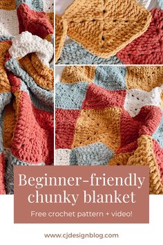 a crocheted blanket with the words beginner - friendly chunk blanket