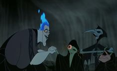 an animated scene with two evil men and one demon