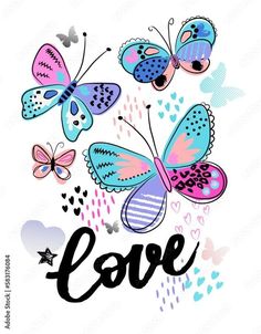 colorful butterflies with the word love written in black ink on a white background, surrounded by hearts