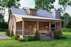 a small wooden cabin with porch and covered front porch, sitting on the grass in front of