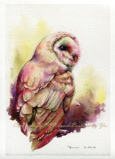 watercolor painting of an owl sitting on a branch with yellow and pink colors in the background