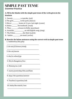 the simple past tense worksheet is shown in black and white, with an image of